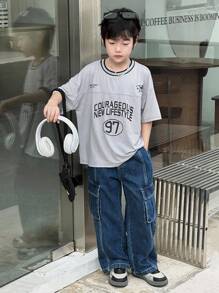 Dazy Kids Camiseta de manga corta de corte suelto informal con estampado de letra para niños preadolescentes, para el verano - Gris - Ver 6