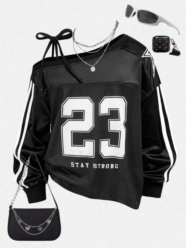 Girlism Sporty Asymmetrical Neck Tween Pullover With Letter Print And Drop Shoulder Sleeves
