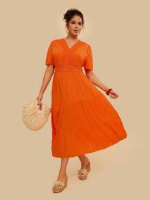 SHEIN VCAY Plus Guipure Lace Insert Dress - Orange - View 1