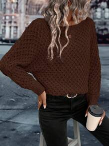 EMERY ROSE Women's Casual Solid Color Dropped Shoulder Loose Pointelle Knit Pullover Sweater Knit Pullover Fall Winter - Brown - View 4