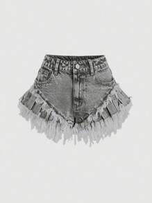 Sweetra 女式口袋磨边宽松休闲牛仔短裤 - 淺灰色 - 查看 1