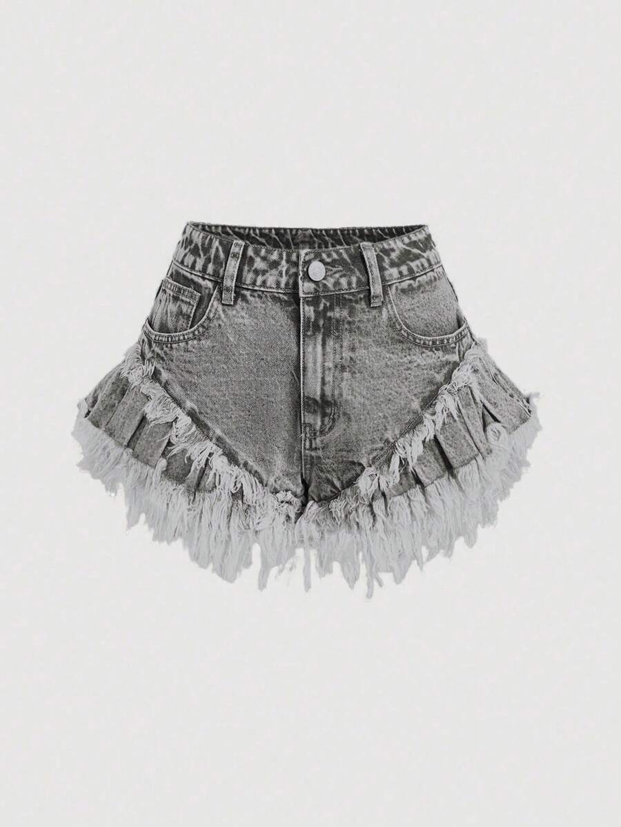 Sweetra 女式口袋磨边宽松休闲牛仔短裤 - 淺灰色 - 查看 1