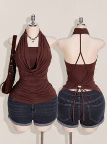 SHEIN ICON 加大码 2 件西方女性外出夏季波西米亚风挂脖棕色露背女式背心和吊带背心