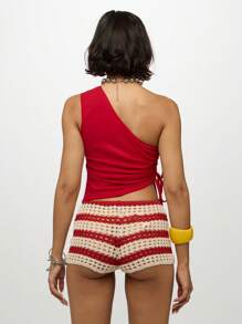 SUMWON WOMEN شورت كروشيه مخطط للشاطئ, شورتات كروشيه مرتفعة الخصر, ملابس شاطئية لأعياد أعراس جزر الصيف والعطلات في هاواي, رداء للسباحة مصنوع من الكروشيه