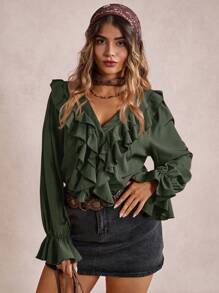 Freevana 大码女式简约纯色荷叶边休闲度假宽松衬衫，春秋季