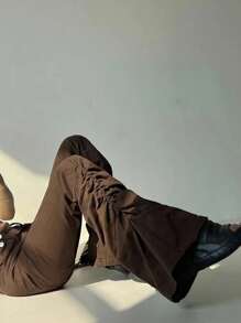 DAZY Pantalones casuales de mujer de unicolor con bolsillos y vuelo plisado - Marrón - Ver 6