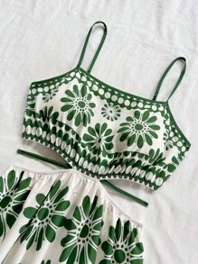 Dreamara 大码女式绿色热带花卉印花镂空系带腰部 A 字中长吊带连衣裙，度假装 - 綠色 - 查看 5