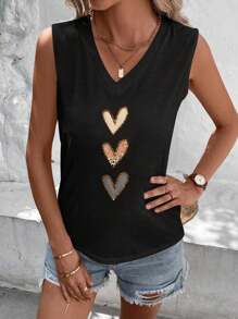 EMERY ROSE Plus Size Simple & Versatile Fitted Racer Back Tank Top With Leopard Print Heart Design, V-Neck, Suitable For Summer Back To School - Black - View 3