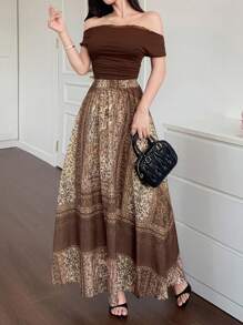 DAZY 女士两件套：宽松领口上衣和半裙，休闲露肩上衣 - 彩色 - 查看 6