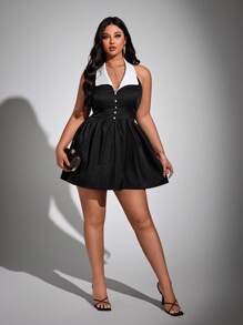 Flirla Plus Size Spring/Summer French Retro V-Neck Halter Collar Waisted Dress, Formal Gown - Black - View 2