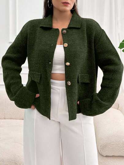 EURMUSE Cardigan de malha plus size de cor sólida, casual outono/inverno