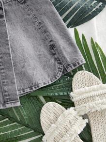 GlowEve 女士休闲性感街头风格交叉腰短款牛仔迷你裙，夏季 - 淺灰色 - 查看 4