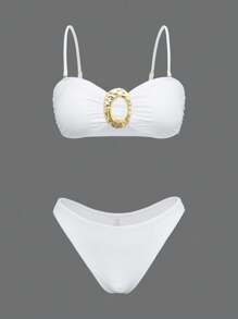 Swim Oasis 3 peças/Conjunto Mulheres Verão Praia Casamento Cropped Branco com Detalhe Dourado, Calcinha de Maiô Bikini Triângulo e Saia Longa, Traje de Banho de Luxo - Branco - Visão 7