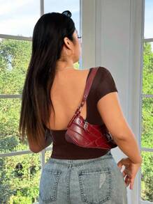 SHEIN EZwear Plus Size Brown Sexy Backless Short Sleeve Cropped T-Shirt, Summer - Brown - View 5