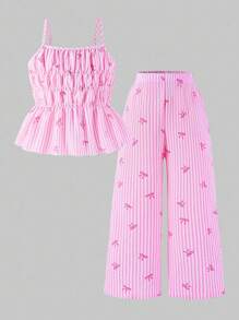 SHEIN 年轻女孩可爱条纹蝴蝶结全身印花吊带背心和阔腿裤两件套，夏季 - 粉色 - 查看 3