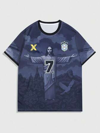 Street Life Herren Lässiges Street Jesus & Numerisch Muster Kurzarm T-Shirt, Sommer