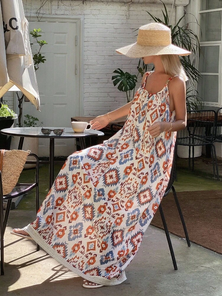 French Elegant Spaghetti Strap Dress, Casual High-End Holiday Summer Long Dress For Women Cruise Outfit For Women Boho Vacation Outfits Women