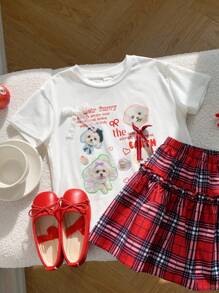 Young Girl 2pcs Set: Knitted Crew Neck T-Shirt & Plaid Skirt
