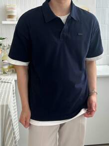 DAZY 男士撞色拼接 Polo 衫，夏季商务装扮 - 藍色 - 查看 1