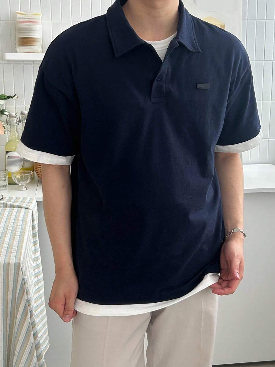 DAZY 男士撞色拼接 Polo 衫,夏季商务装扮 - 藍色 - 查看 1