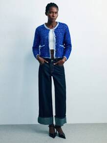 Maija Áo khoác cardigan nữ màu xanh dương phối viền tương phản, kiểu dáng đơn giản, thanh lịch, thoải mái, thích hợp mặc đi làm, tay dài, cài cúc phía trước và có túi, áo len cho nữ công sở, trang phục mùa thu, trang phục Giáng sinh, phong cách thu đông. - Màu xanh lam - Xem 2