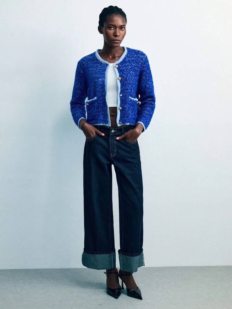 SHEIN Maija Cardigan femme avec bordure contrastée bleue, simple, élégant et confortable pour le travail. Veste pull à manches longues avec boutons devant et poches, pour femme de bureau en automne. Tenue de Noël chic pour l'automne