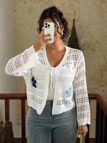 SHEIN VCAY Plus Size Vacation Casual 3D Floral Decor Hollow Front Tie Women Knitted Cardigan Sweater, For Autumn