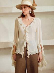 Chiquease 女士波西米亚风雪纺轻盈荷叶边不对称法式浪漫宽松长袖衬衫，白色上衣，夏季上衣，女士衬衫，女士夏季，飘逸上衣，职业女性，复古风格，女士夏季，可爱夏季上衣，女士外出上衣，女士办公室，飘逸上衣，秋季 - 杏色 - 查看 6