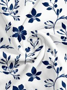 SHEIN Frenchy Plus Size Women Holiday Vacation White Base Blue Floral Print Tie Front Sleeveless Casual Dress, Suitable For Beach  Back To School  Homecoming Blue And White Floral Dress Summer Casual Dress Women Vacation Dress Suitable For Going Out - Multicolor - View 6