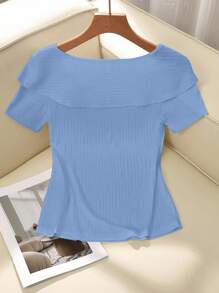 SHEIN Clasi T-shirt décontracté pour femme, couleur unie, col asymétrique, été - Bleu azur - Voir 2