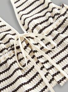 SHEIN PETITE Elegant Cute Striped Bow Print Simple Commuting & Home Office Versatile Shirt And Straight Leg Pants Set,Summer Sets