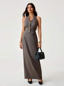 SHEIN Tall Women's Solid Color Halter Backless Tank Top And Mini Skirt Elegant Suit Set Autumn Winter Clothes For Women, Tall Women - Mocha Brown - View 1