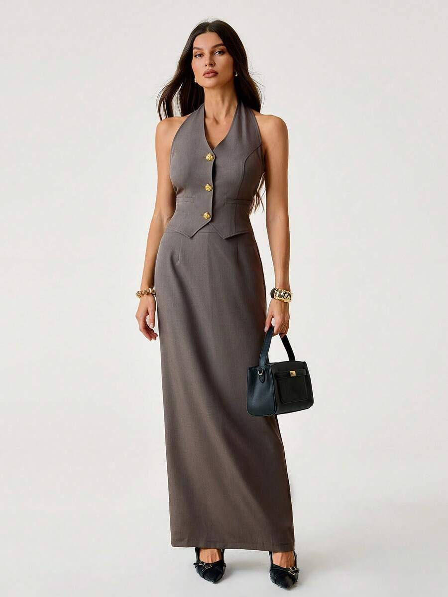 SHEIN Tall Women's Solid Color Halter Backless Tank Top And Mini Skirt Elegant Suit Set Autumn Winter Clothes For Women, Tall Women - Mocha Brown - View 1