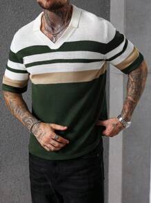 Manfinity Homme 男式撞色条纹短袖针织上衣 - 彩色 - 查看 5