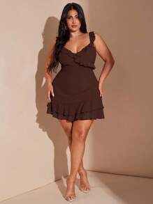 SHEIN BAE Plus Size Women's Elegant Romantic Sexy V-Neck Sweet Cute Versatile Date Red Ruffle Hem Mini Dress, Beach Resort Party Short Dress, Spring/Summer/ Plus Size Brown Dress/ Plus Size Ruffle Dress/ Chocolate Brown Dress