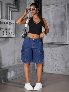 SHEIN Unity Women's Loose Utility Pocket Denim Shorts - Dark Wash - View 5