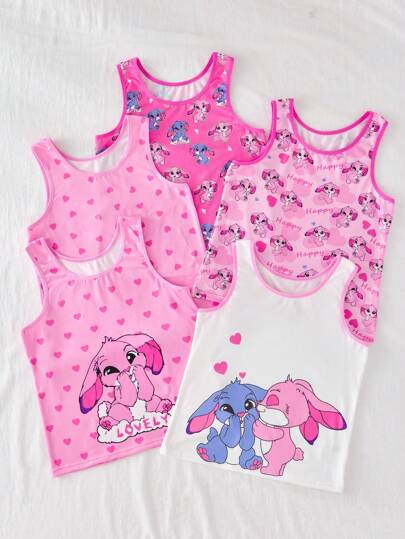 SHEIN 5件套少女心形兔子印花柔软舒适吊带内衣套装