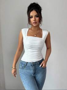 Chiquease 女式纯色领口短款紧身无袖背心 - 白色 - 查看 2