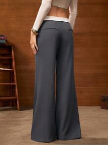 HARRY POTTER X SHEIN 女士蛇纹字母图案撞色翻边腰喇叭裤 - 深灰色 - 查看 2