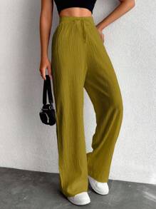 EURMUSE Pantalones largos con cordón de cintura de unicolor para mujeres de talla pequeña - Verde Oliva - Ver 4