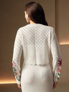 Anewsta Women's Floral Embroidery Hollow Out Long Sleeve Single-Breasted Cardigan - White - View 2