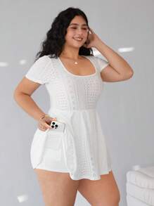 Solflare Traje de una pieza casual de manga corta y color liso para mujer talla grande, para vacaciones en la playa, uso diario, ropa primavera-verano - Blanco - Ver 4