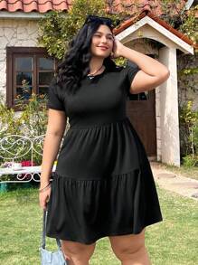 Solflare Black Short Sleeve Loose Fit Plus Size T-Shirt Dress,Spring Summer Clothes - Black - View 4