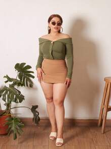 Lupita Cardoza Solid Button Detail Split Hem Skort - Camel - View 1