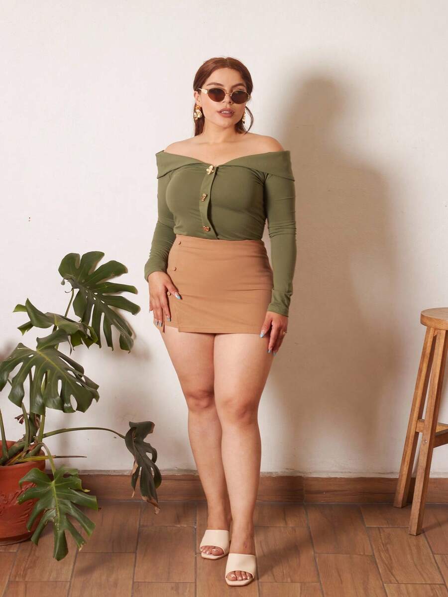 Lupita Cardoza Solid Button Detail Split Hem Skort - Camel - View 1