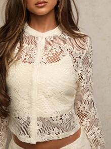 SHEIN BAE 女士秋季杏色优雅纯色镂空花卉蕾丝透视短款 T 恤/狂欢/斯德哥尔摩风格/女士办公室/钩针上衣/秋季女士/返校/乡村音乐会/音乐会上衣/休闲上衣 - 白色 - 查看 5