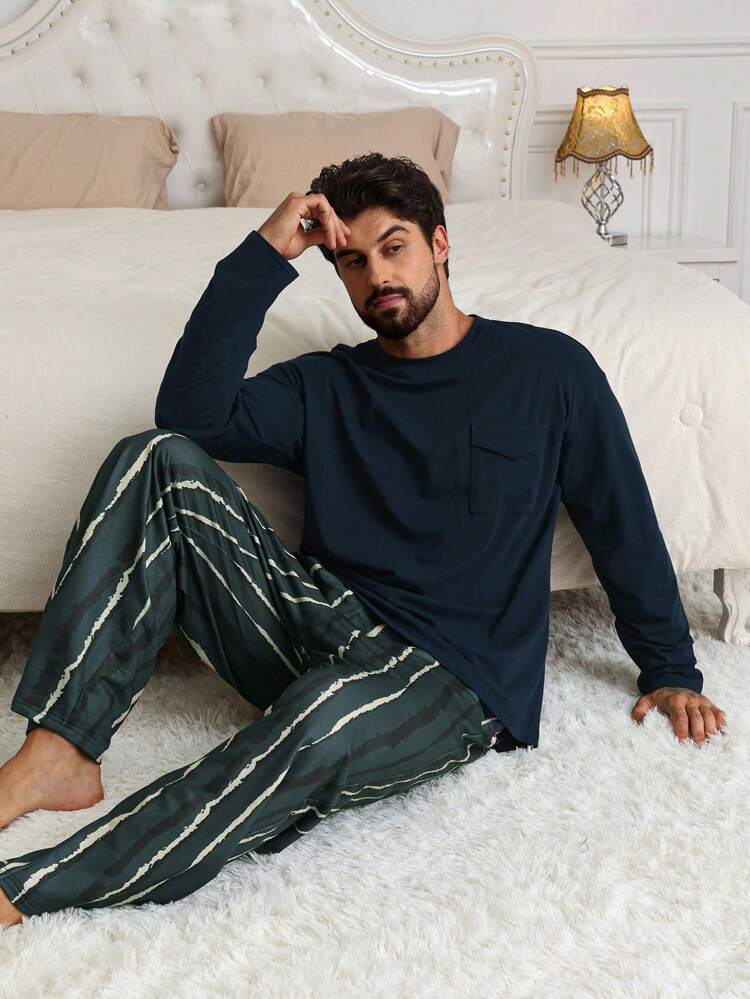 Spring & Autumn Embroidery Pocket Patch Designed T-Shirt With Black Pant Homewear Suit For Men Pajama