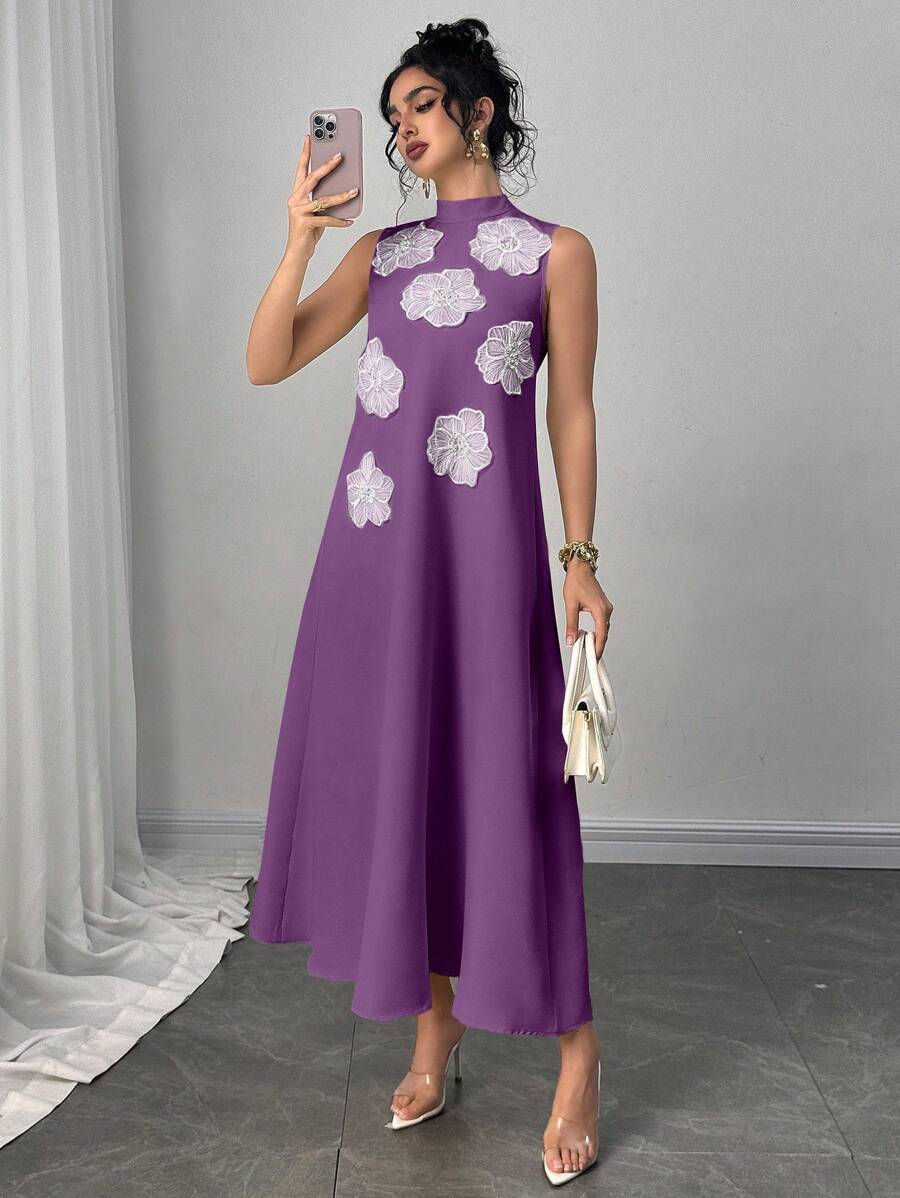 Modelyn 女士优雅时尚 3D 花卉刺绣宽松 A 字连衣裙，奢华浅黄色 - Bold Plum - 查看 1