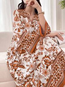 Yasmyna Vestido árabe con estampado floral, cuello en V con muescas y mangas de campana para mujer