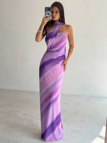 Firerie 新款优雅不对称肩部蝴蝶结紫色渐变网眼连衣裙/薰衣草紫色裙子/露肩挂脖蝴蝶结裙/校服/乡村风女装/休闲度假连衣裙/波西米亚风女装 - 彩色 - 查看 7